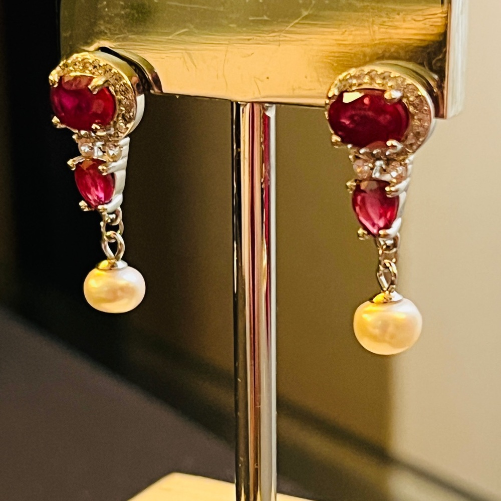 Genuine Ruby and Pearl Earrings. Rhodium over 925 Sterling Silver. Clear rubies.